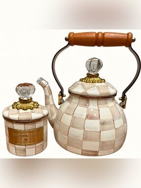 MacKenzie-Childs Mocha  Check Teapot and Mini Canister Set New